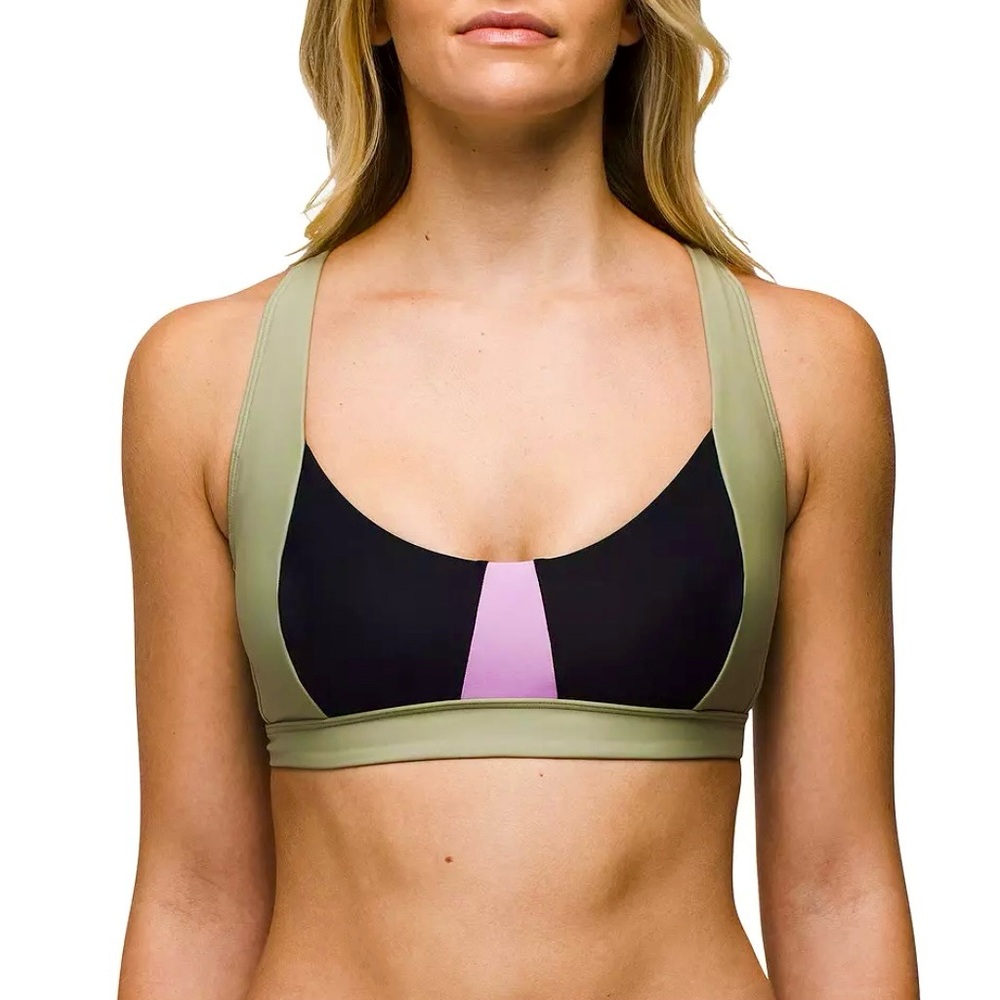 Prana Tulum Colorblock Bikini Top Black, Pink and Olive Green Size Medium